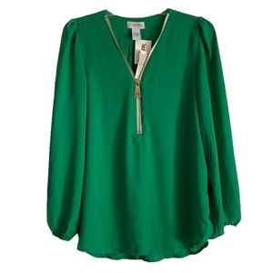 NEW Carmen Marc Valvo Green Zipper Blouse